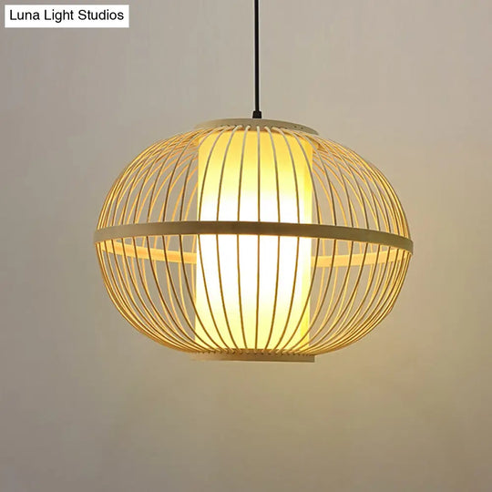 Asian Bamboo 1-Light Beige Pendant Light Fixture - Oval Suspension Lighting Inner Shade 14/16/23.5