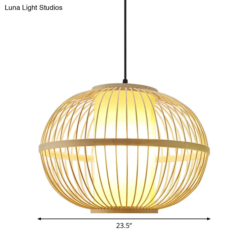 Asian Bamboo Oval Pendant Light With Inner Shade - 1-Light Beige 3 Size Options