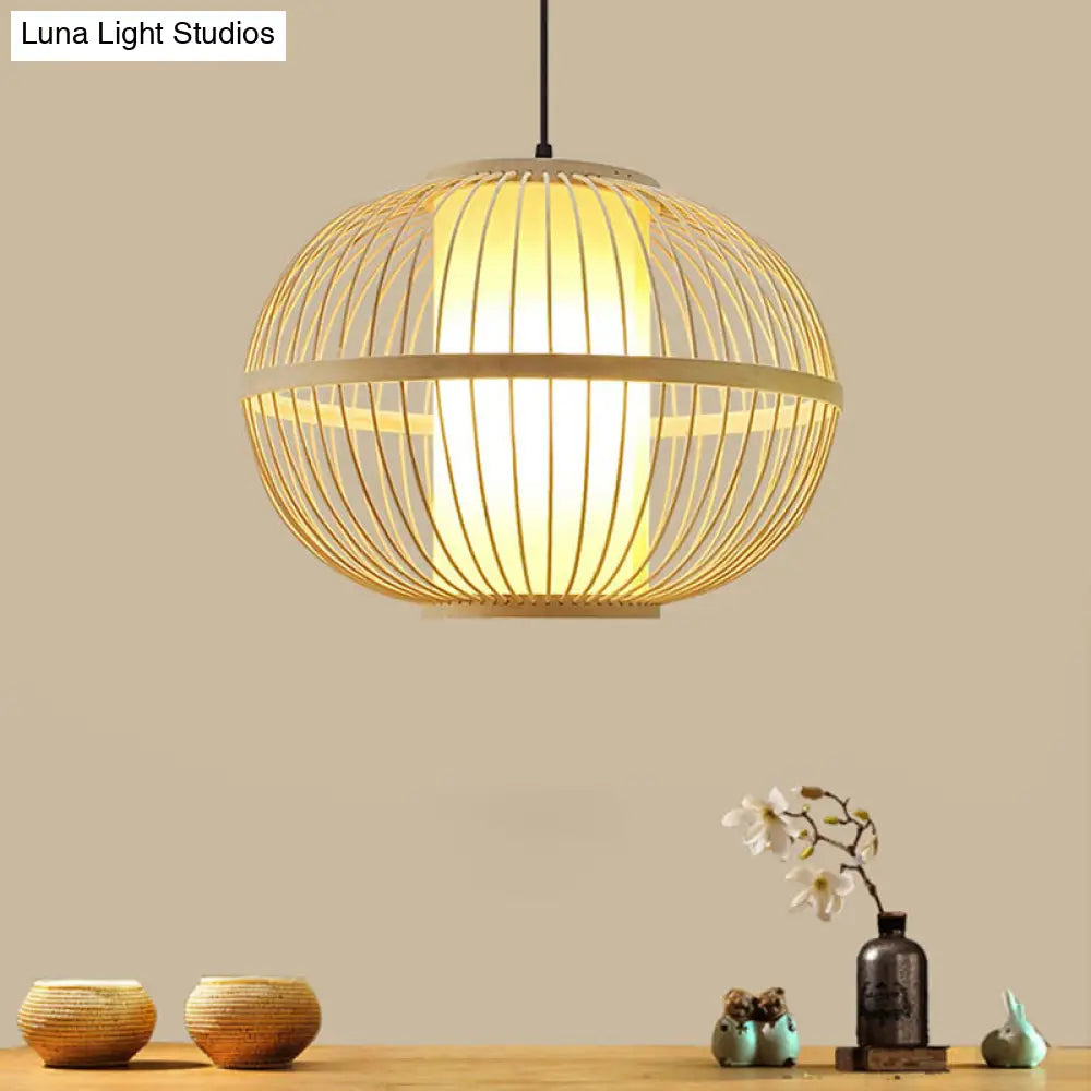 Asian Bamboo 1-Light Beige Pendant Light Fixture - Oval Suspension Lighting Inner Shade 14/16/23.5