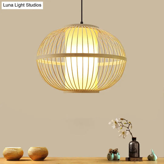 Asian Bamboo 1-Light Beige Pendant Light Fixture - Oval Suspension Lighting Inner Shade 14/16/23.5