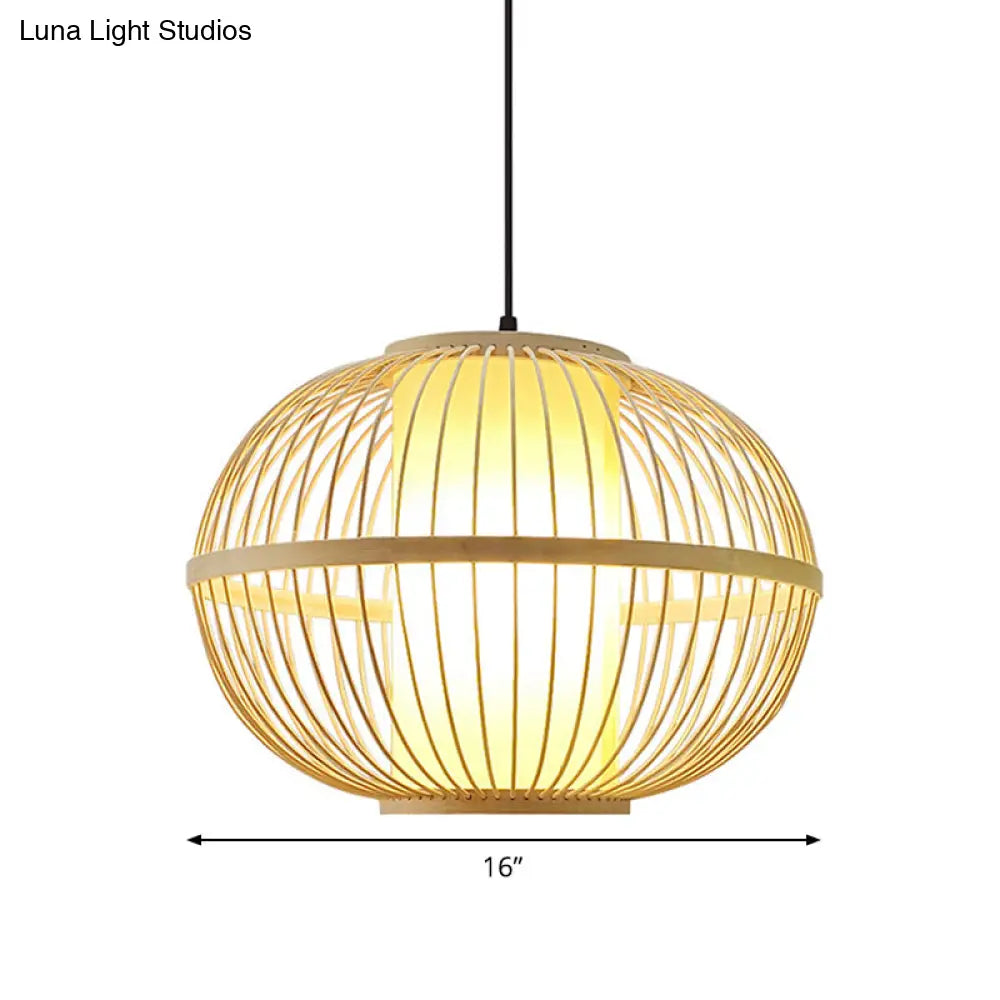 Asian Bamboo Oval Pendant Light With Inner Shade - 1-Light Beige 3 Size Options