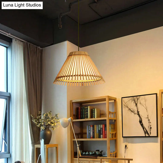 Asian Bamboo Pendant Lamp For Restaurants - Beige Trumpet Design 1-Head Suspended Lighting Fixture