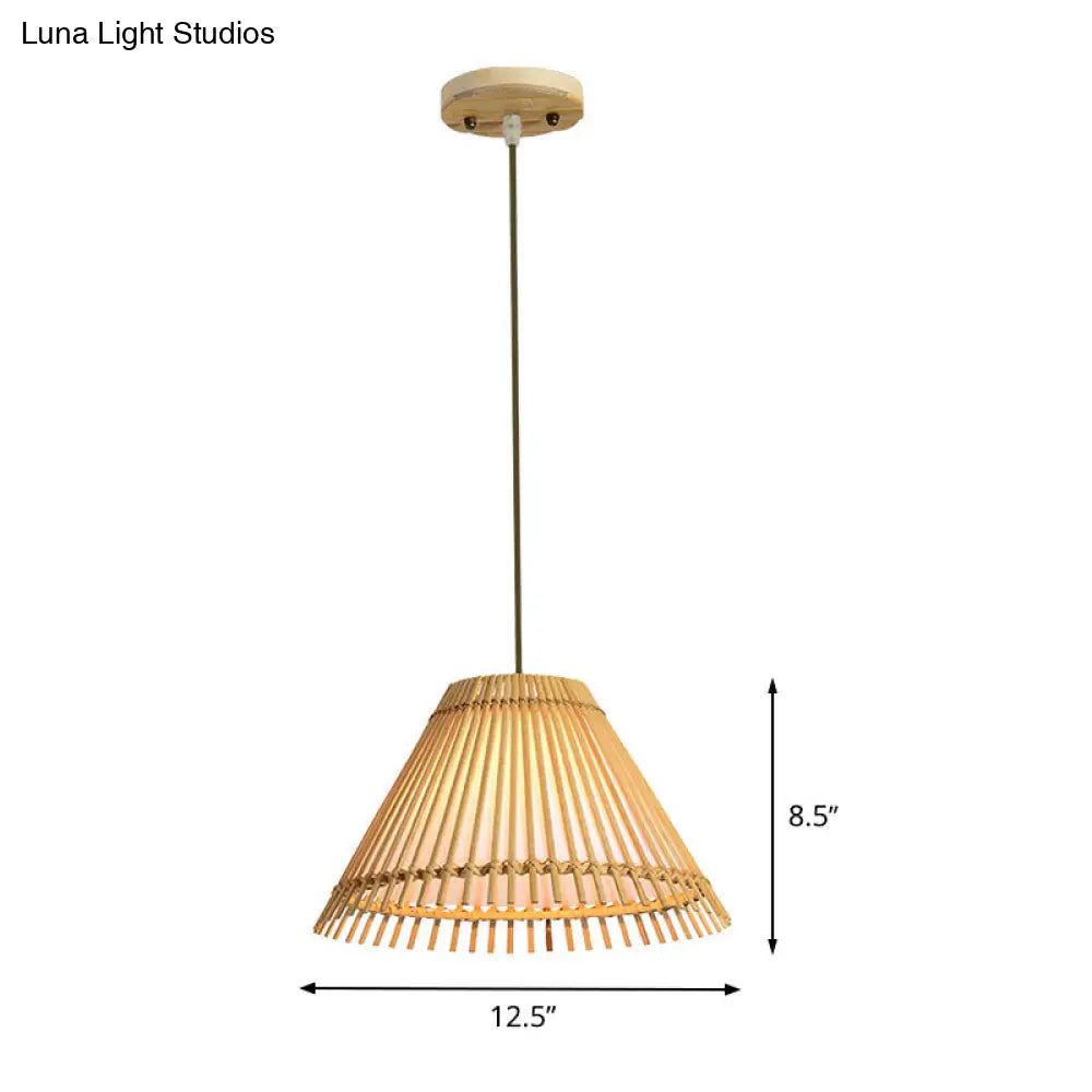 Asian Bamboo Pendant Lamp For Restaurants - Beige Trumpet Design 1-Head Suspended Lighting Fixture