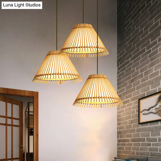 Asian Bamboo Pendant Lamp For Restaurants - Beige Trumpet Design 1-Head Suspended Lighting Fixture