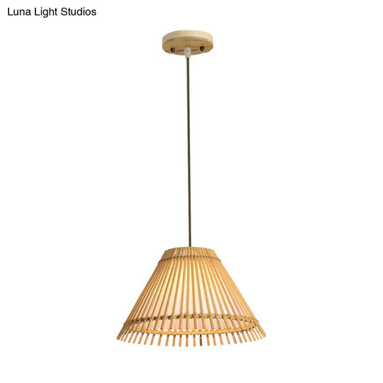 Asian Bamboo Pendant Lamp For Restaurants - Beige Trumpet Design 1-Head Suspended Lighting Fixture