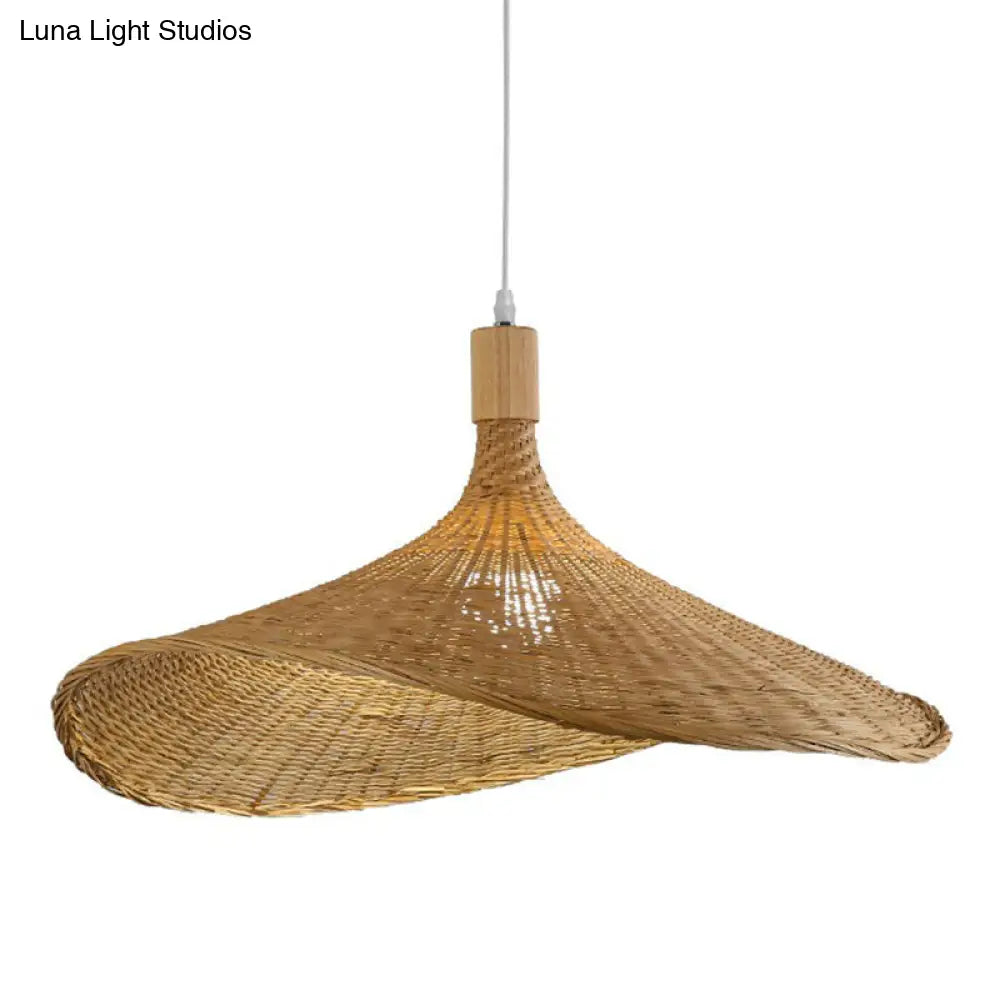 Asian Bamboo Hat Pendant Light Fixture - 1-Light Wood Hanging Lamp For Tearoom