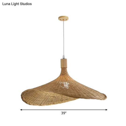 Asian Bamboo Hat Pendant Light Fixture - 1-Light Wood Hanging Lamp For Tearoom / 39