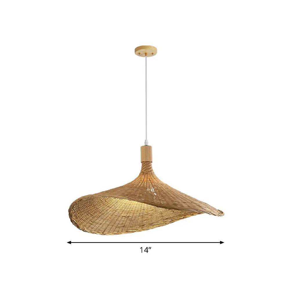 Asian Bamboo Pendant Light With Hat Design - 1-Light Wood Hanging Lamp For Tearoom / 14’