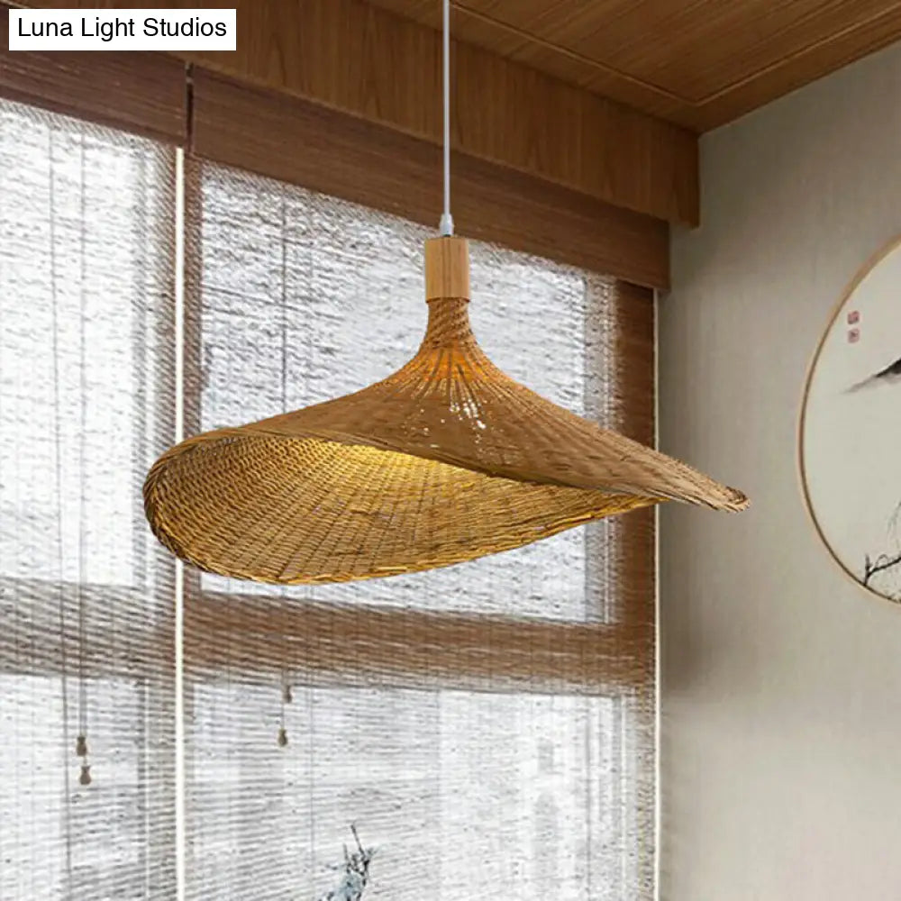 Asian Bamboo Pendant Light With Hat Design - 1-Light Wood Hanging Lamp For Tearoom