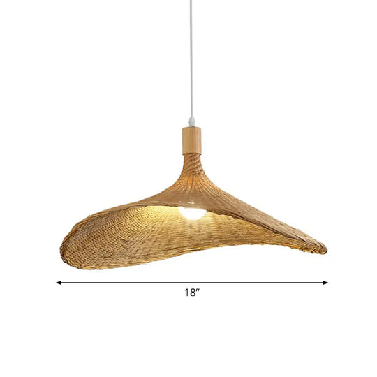 Asian Bamboo Pendant Light With Hat Design - 1-Light Wood Hanging Lamp For Tearoom / 18’