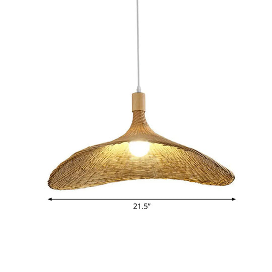 Asian Bamboo Pendant Light With Hat Design - 1-Light Wood Hanging Lamp For Tearoom / 21.5’