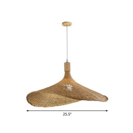 Asian Bamboo Pendant Light With Hat Design - 1-Light Wood Hanging Lamp For Tearoom / 25.5’