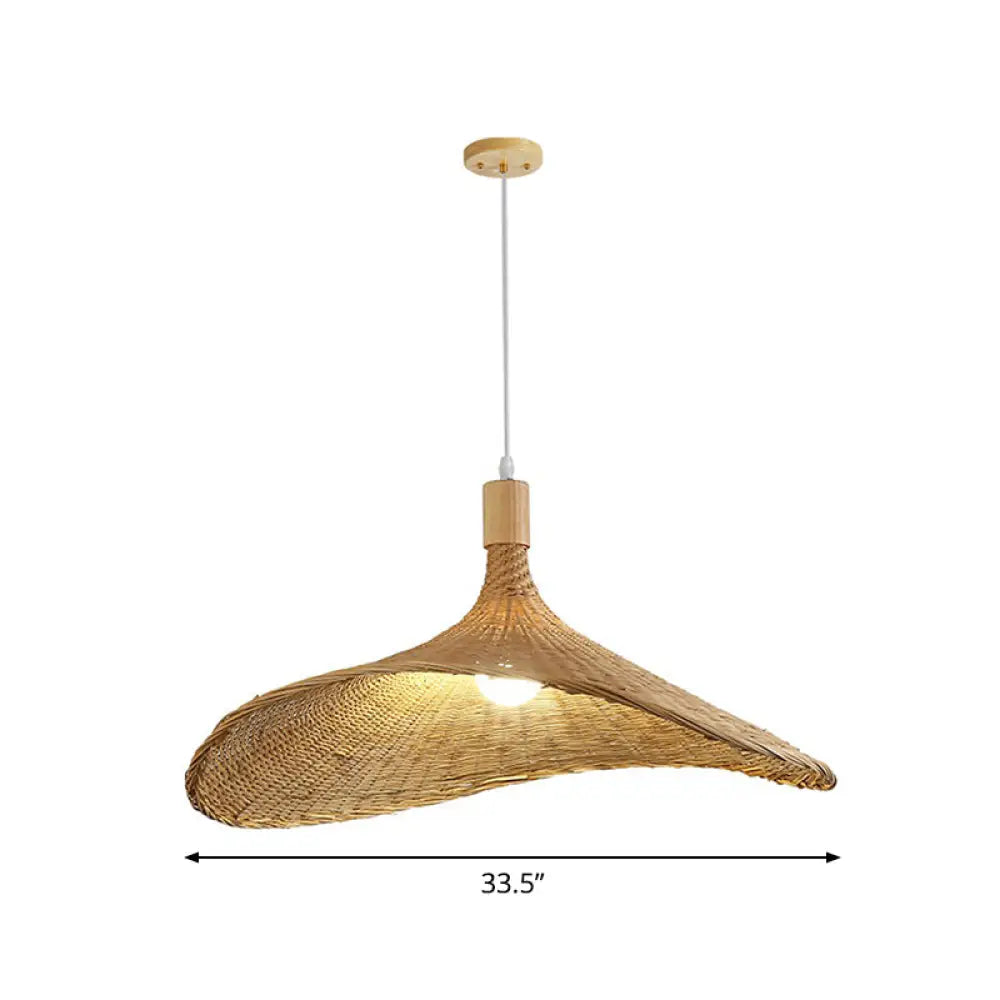 Asian Bamboo Pendant Light With Hat Design - 1-Light Wood Hanging Lamp For Tearoom / 33.5’