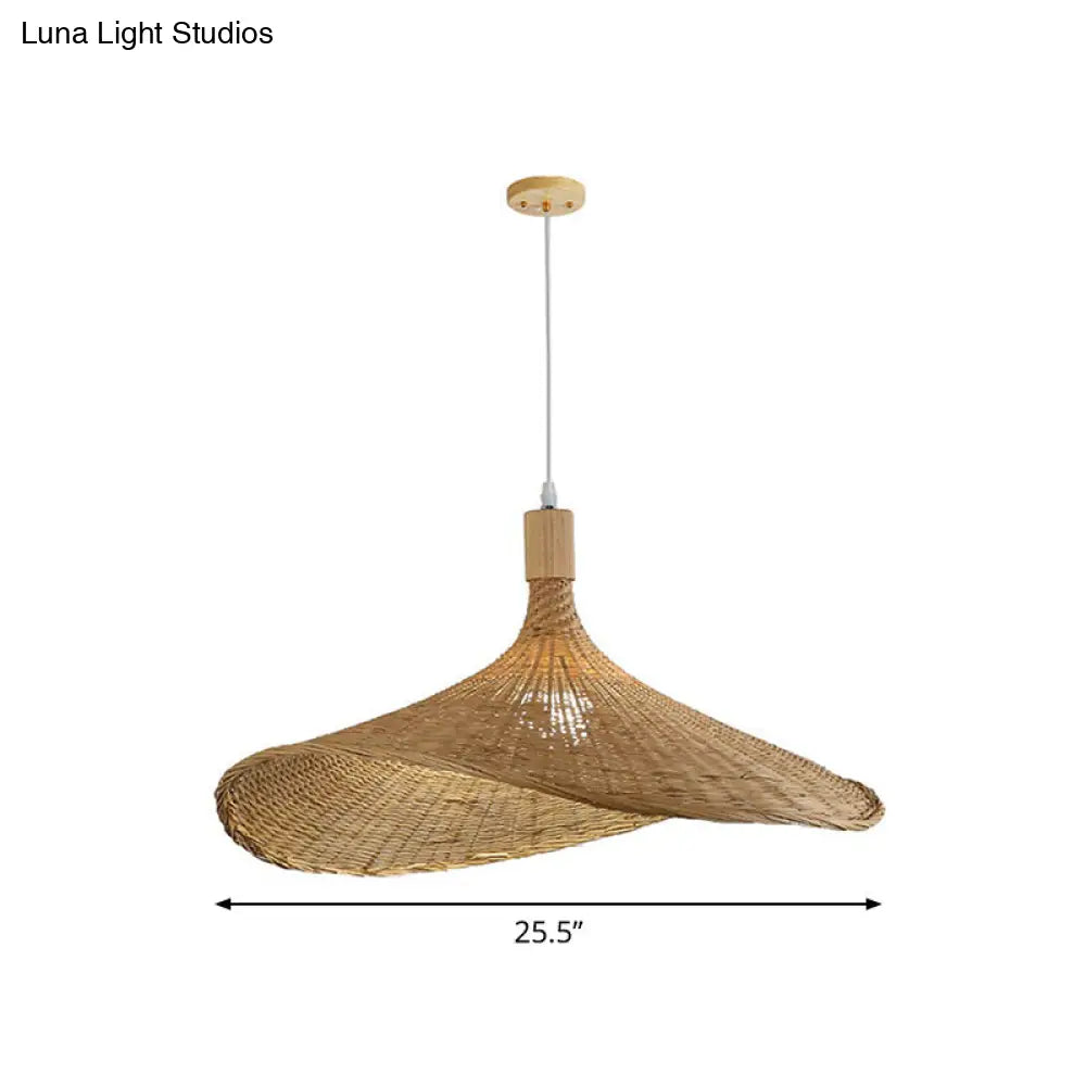 Asian Bamboo Hat Pendant Light Fixture - 1-Light Wood Hanging Lamp For Tearoom / 25.5