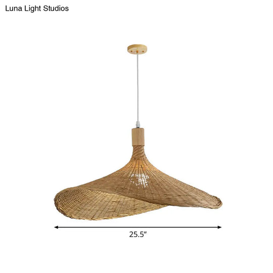 Asian Bamboo Hat Pendant Light Fixture - 1-Light Wood Hanging Lamp For Tearoom / 25.5