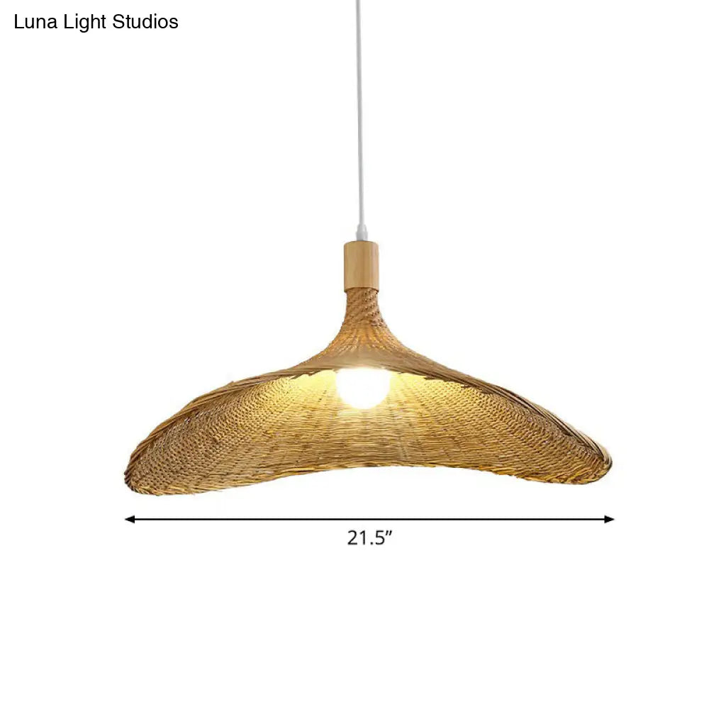 Asian Bamboo Hat Pendant Light Fixture - 1-Light Wood Hanging Lamp For Tearoom / 21.5