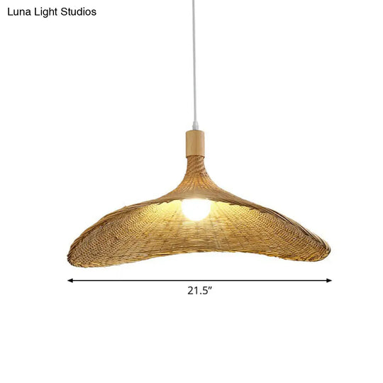 Asian Bamboo Hat Pendant Light Fixture - 1-Light Wood Hanging Lamp For Tearoom / 21.5