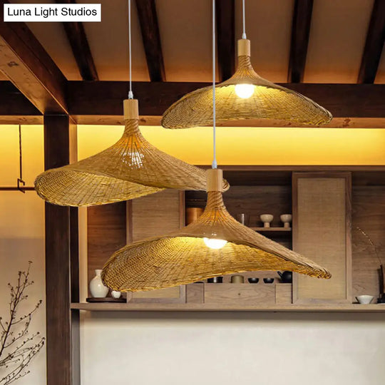 Asian Bamboo Hat Pendant Light Fixture - 1-Light Wood Hanging Lamp For Tearoom