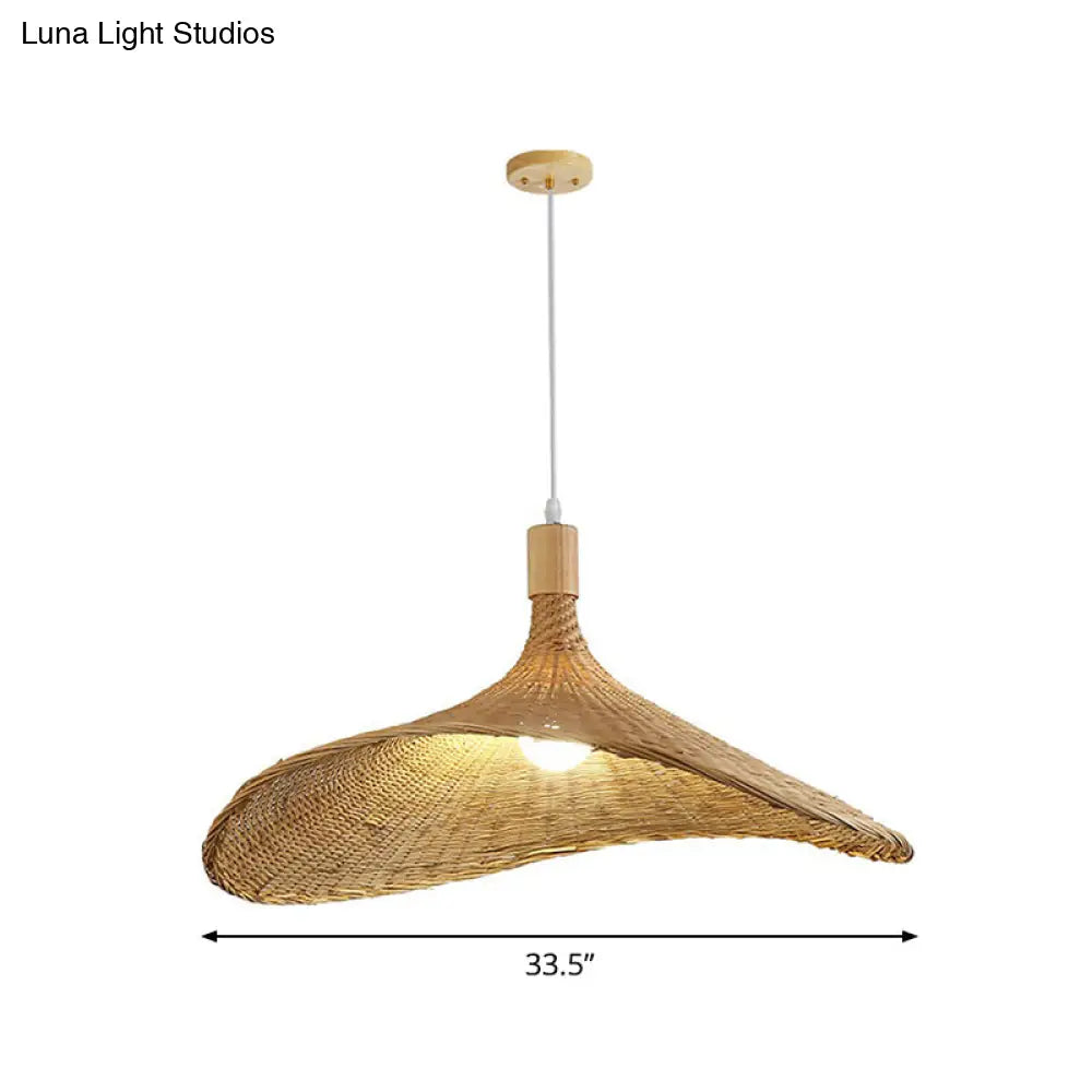 Asian Bamboo Hat Pendant Light Fixture - 1-Light Wood Hanging Lamp For Tearoom / 33.5