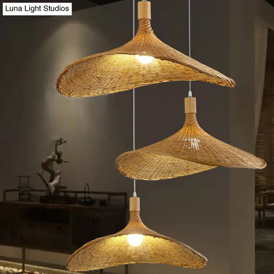 Asian Bamboo Hat Pendant Light Fixture - 1-Light Wood Hanging Lamp For Tearoom