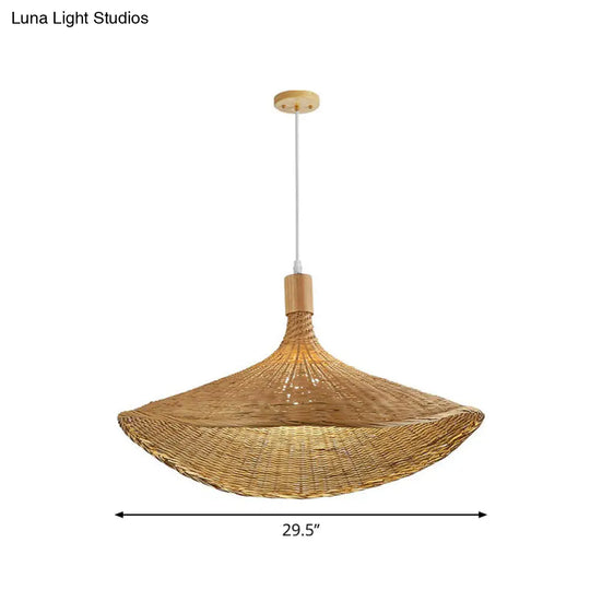 Asian Bamboo Hat Pendant Light Fixture - 1-Light Wood Hanging Lamp For Tearoom / 29.5