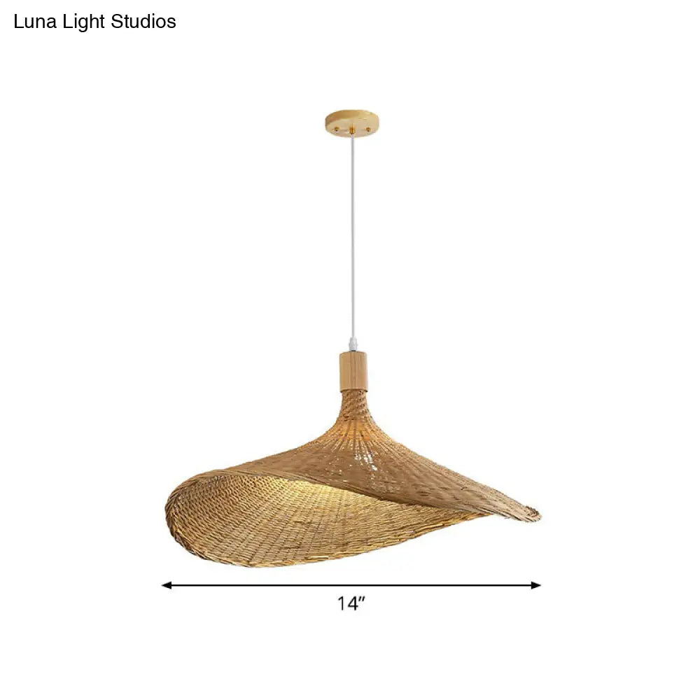 Asian Bamboo Hat Pendant Light Fixture - 1-Light Wood Hanging Lamp For Tearoom / 14