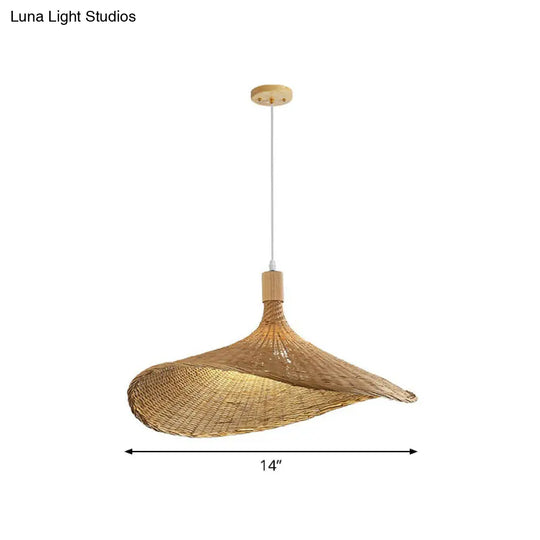 Asian Bamboo Hat Pendant Light Fixture - 1-Light Wood Hanging Lamp For Tearoom / 14