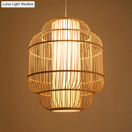 Asian Bamboo Pendant Light With Shade Inside - Cylinder/Donut/Raindrop Design