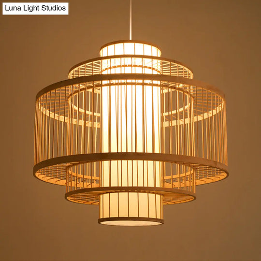 Asian Bamboo Pendant Light With Shade Inside - Cylinder/Donut/Raindrop Design