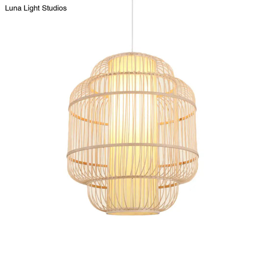 Asian Bamboo Pendant Light With Shade Inside - Cylinder/Donut/Raindrop Design