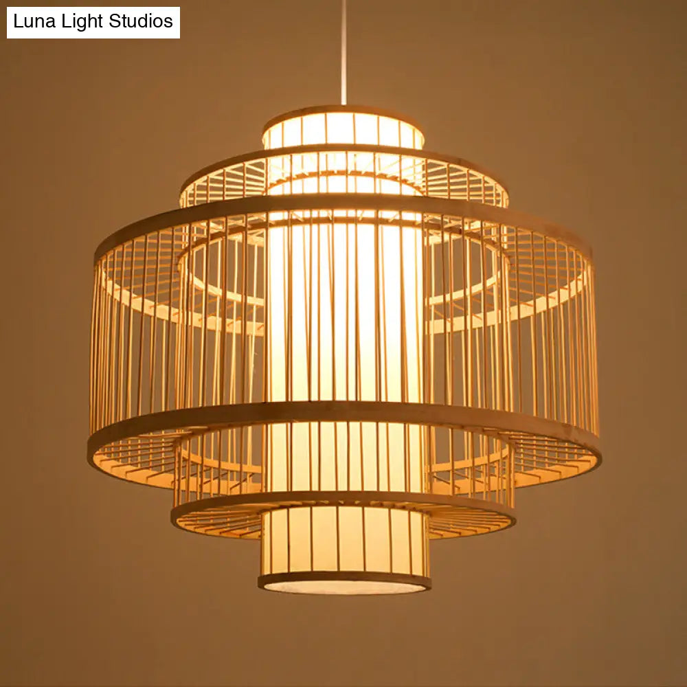 Asian Bamboo Pendant Light - Cylinder/Donut/Raindrop Shape Beige Ceiling With Inside Shade