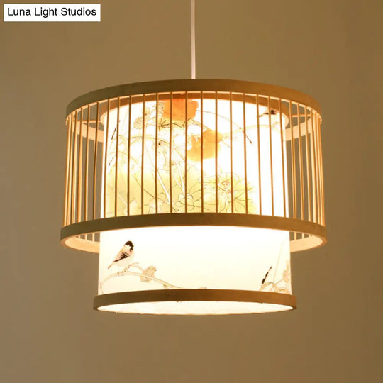 Asian Bamboo Pendant Light - Cylinder/Donut/Raindrop Shape Beige Ceiling With Inside Shade