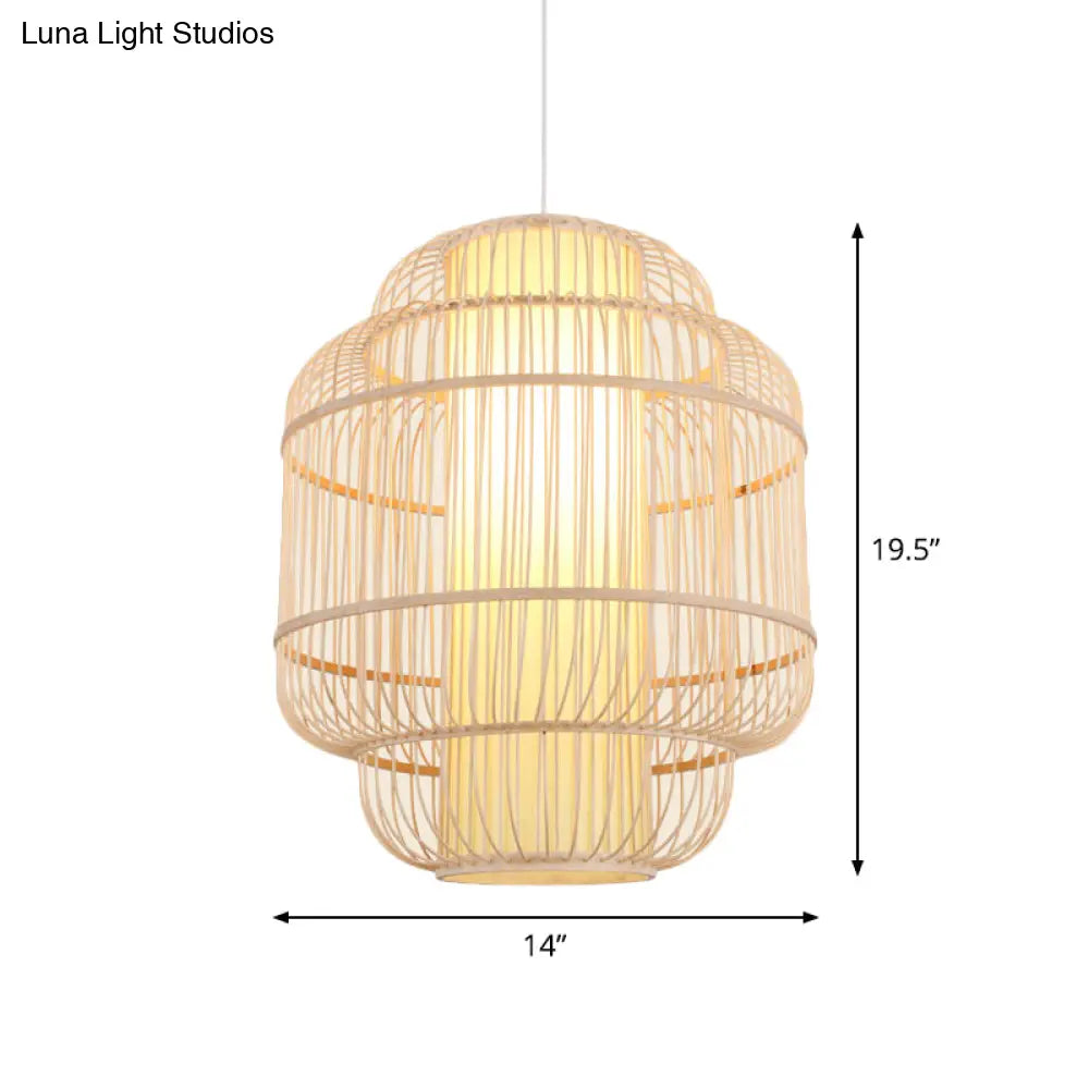 Asian Bamboo Pendant Light With Shade Inside - Cylinder/Donut/Raindrop Design