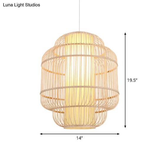 Asian Bamboo Pendant Light With Shade Inside - Cylinder/Donut/Raindrop Design