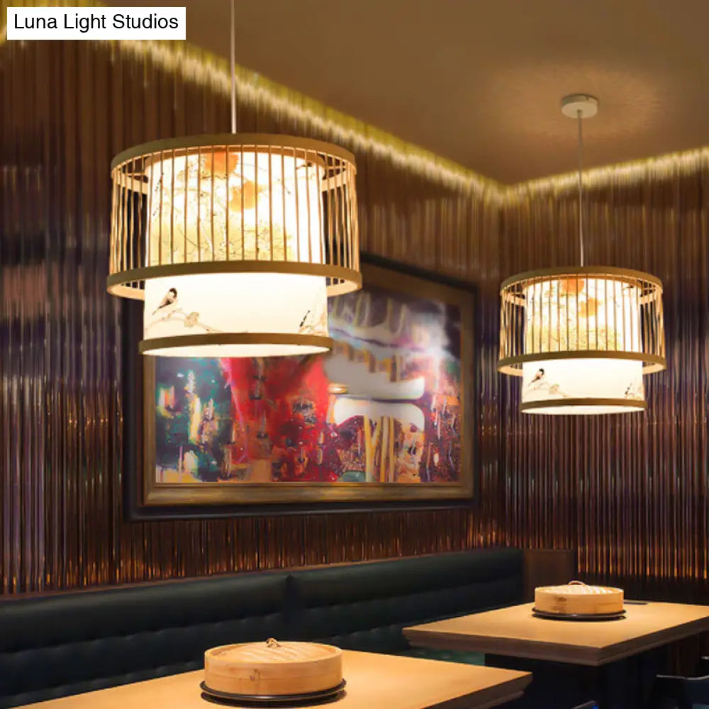 Asian Bamboo Pendant Light - Cylinder/Donut/Raindrop Shape Beige Ceiling With Inside Shade / E