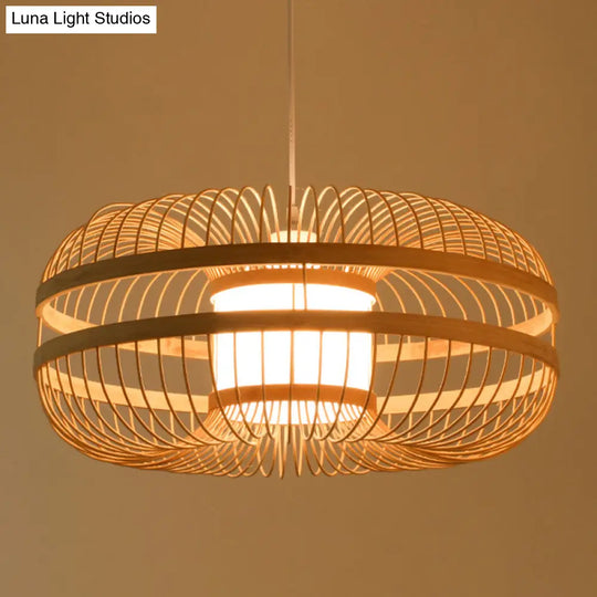 Asian Bamboo Pendant Light - Cylinder/Donut/Raindrop Shape Beige Ceiling With Inside Shade / D