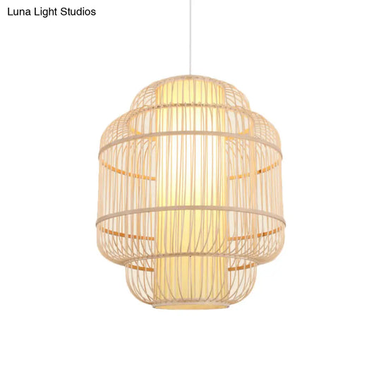 Asian Bamboo Pendant Light - Cylinder/Donut/Raindrop Shape Beige Ceiling With Inside Shade