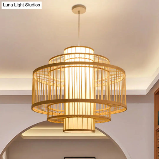 Asian Bamboo Pendant Light - Cylinder/Donut/Raindrop Shape Beige Ceiling With Inside Shade / C