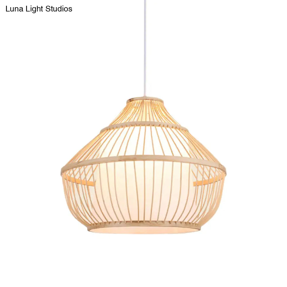 Asian Bamboo Pendant Light - Cylinder/Donut/Raindrop Shape Beige Ceiling With Inside Shade