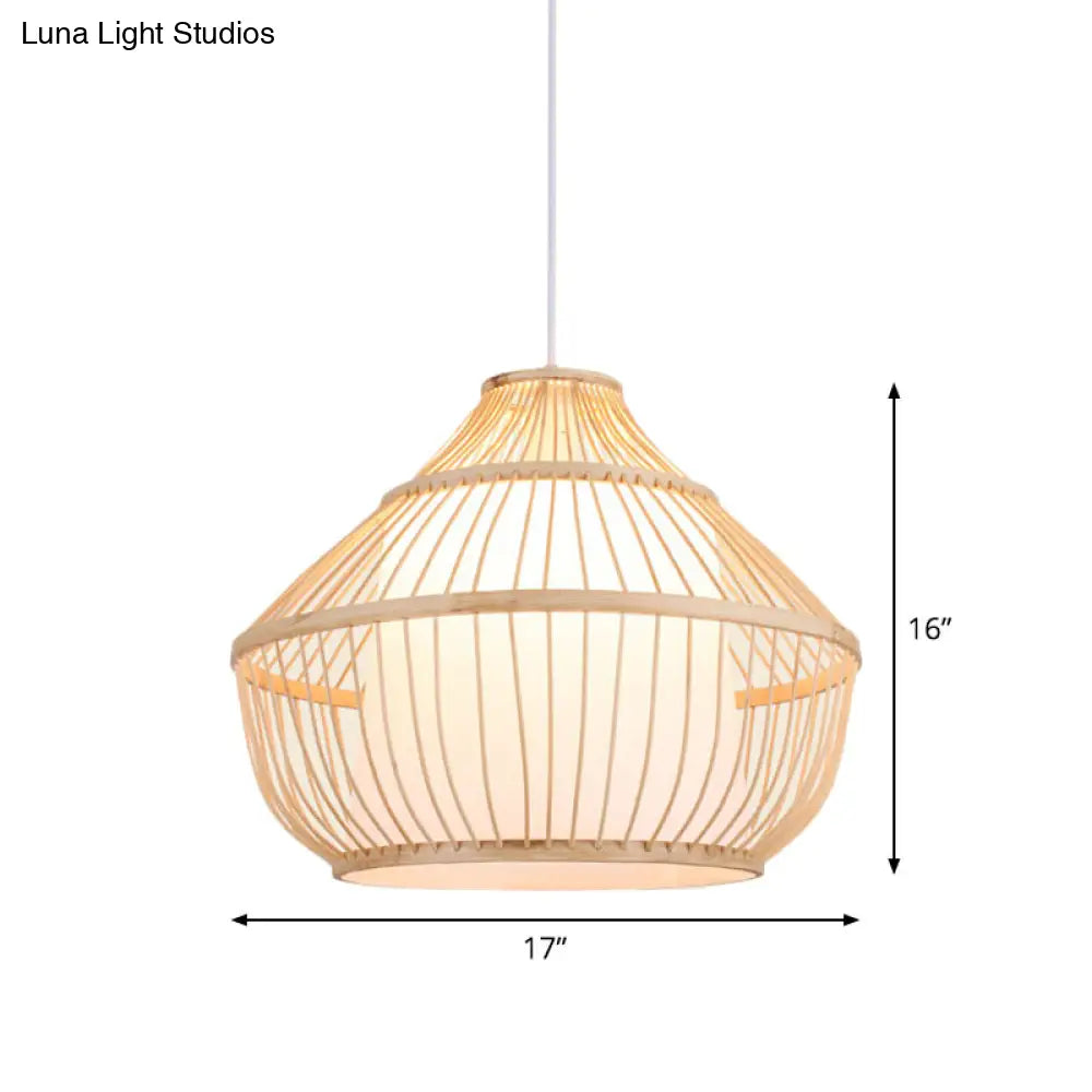 Asian Bamboo Pendant Light - Cylinder/Donut/Raindrop Shape Beige Ceiling With Inside Shade