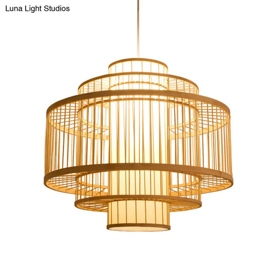 Asian Bamboo Pendant Light - Cylinder/Donut/Raindrop Shape Beige Ceiling With Inside Shade