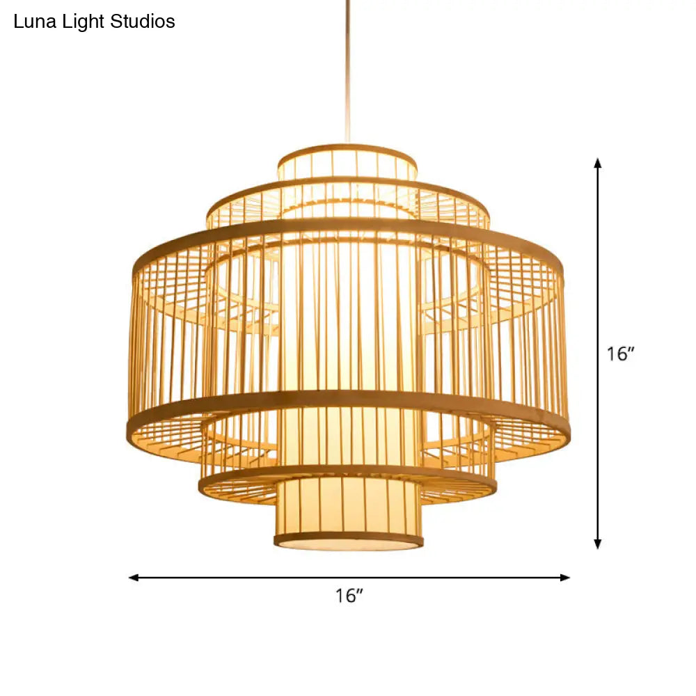 Asian Bamboo Pendant Light - Cylinder/Donut/Raindrop Shape Beige Ceiling With Inside Shade