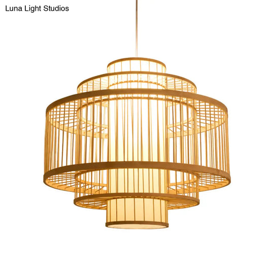 Asian Bamboo Pendant Light With Shade Inside - Cylinder/Donut/Raindrop Design