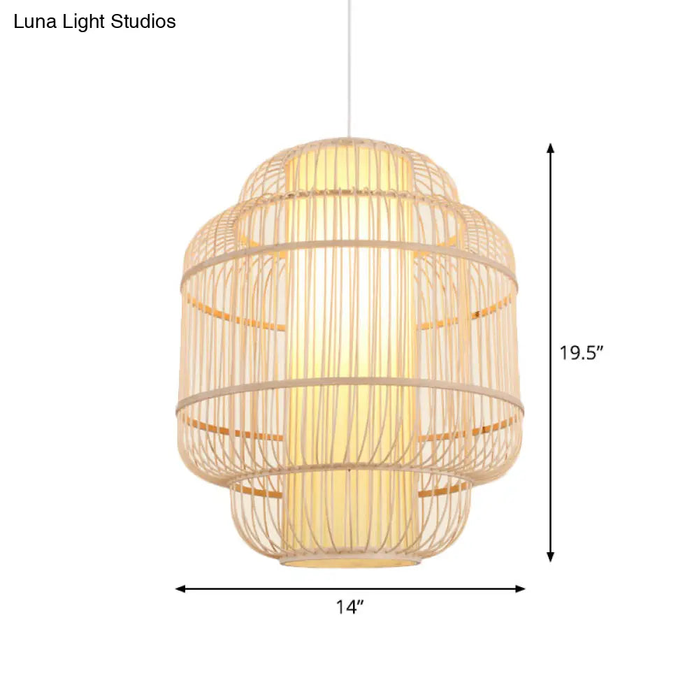 Asian Bamboo Pendant Light - Cylinder/Donut/Raindrop Shape Beige Ceiling With Inside Shade