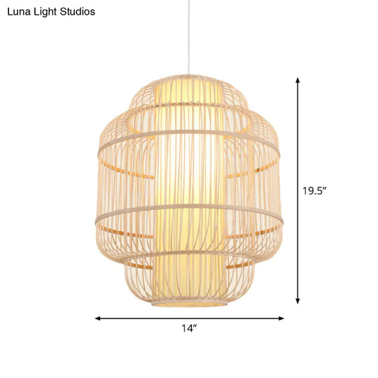 Asian Bamboo Pendant Light - Cylinder/Donut/Raindrop Shape Beige Ceiling With Inside Shade