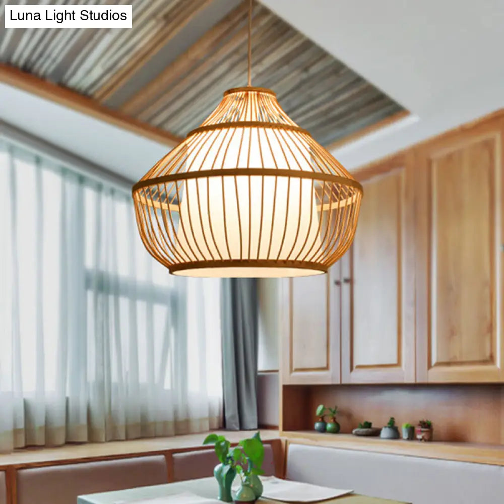 Asian Bamboo Pendant Light - Cylinder/Donut/Raindrop Shape Beige Ceiling With Inside Shade / A