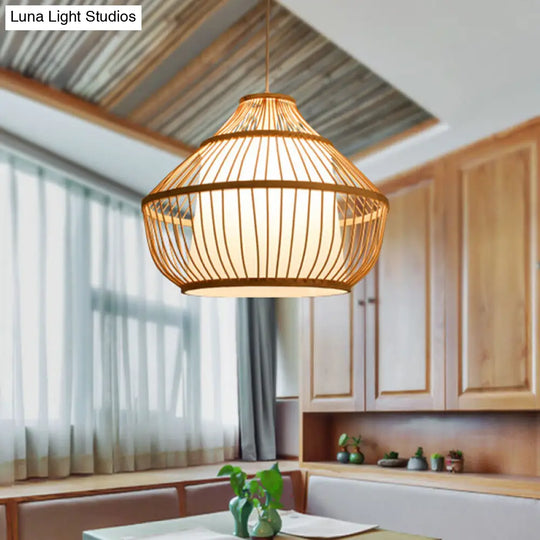Asian Bamboo Pendant Light - Cylinder/Donut/Raindrop Shape Beige Ceiling With Inside Shade / A