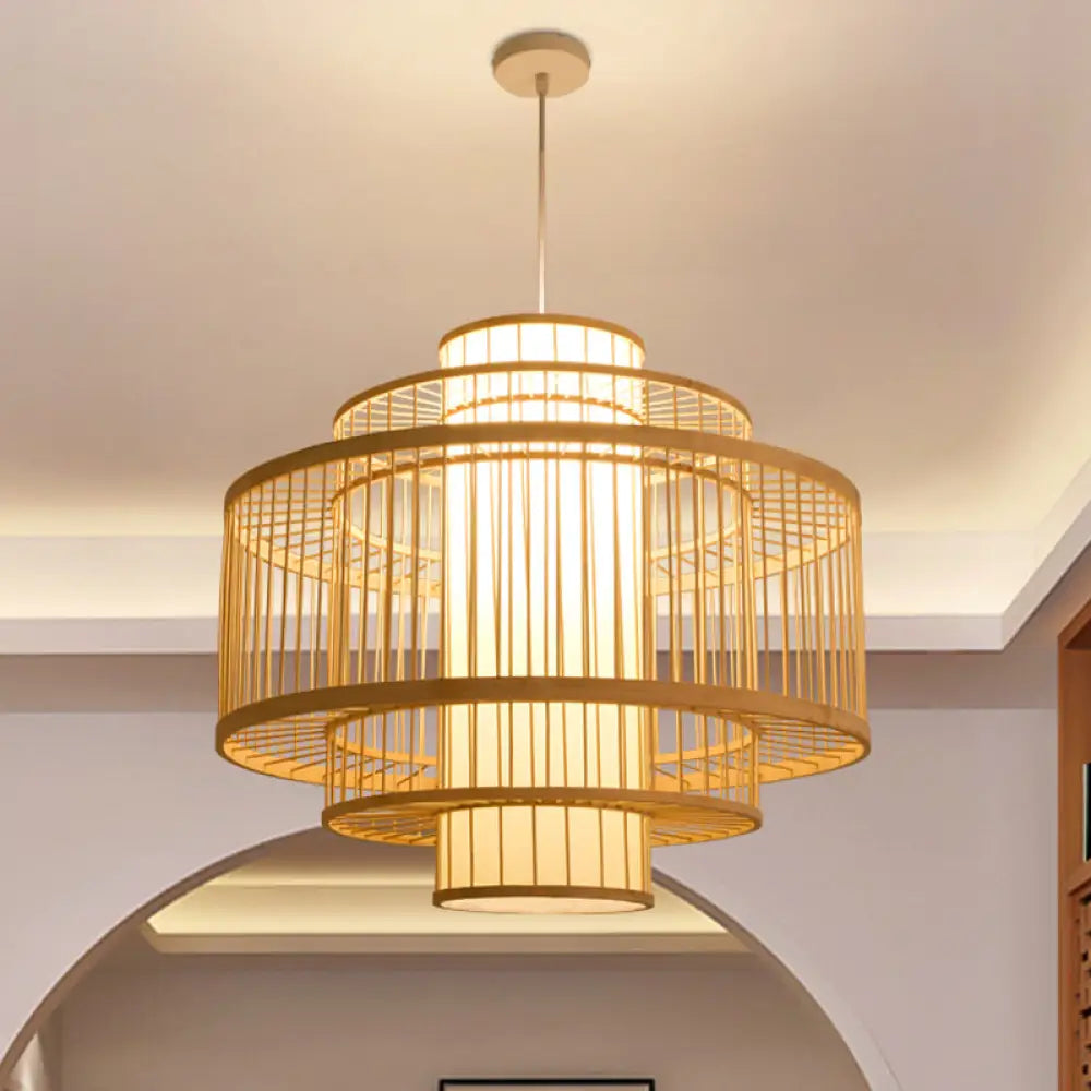 Asian Bamboo Pendant Light With Shade Inside - Cylinder/Donut/Raindrop Design Beige / C