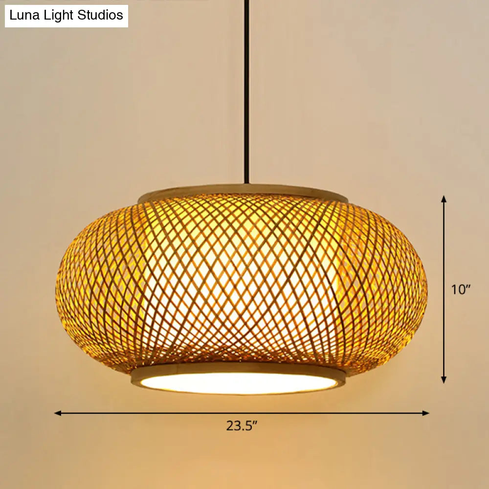 Asian Bamboo Round Ceiling Hanging Lantern - 1-Light Beige Pendant Light For Suspension