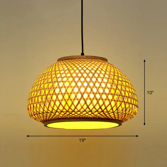 Asian Bamboo Round Ceiling Hanging Lantern - 1-Light Beige Pendant Light For Suspension / Large